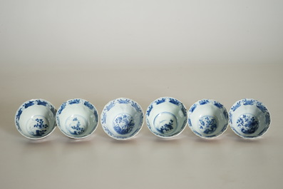 Six Chinese blue and white on capucin brown ground cups and saucers, Kangxi