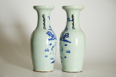 A pair of Chinese vases in blue and white on celadon ground with cranes, 19th C.