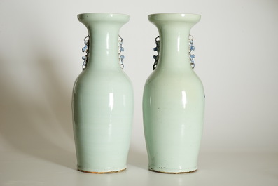 A pair of Chinese vases in blue and white on celadon ground with cranes, 19th C.