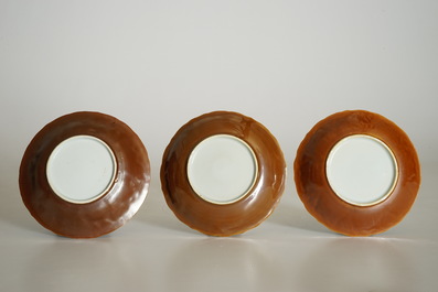 Six Chinese blue and white on capucin brown ground cups and saucers, Kangxi