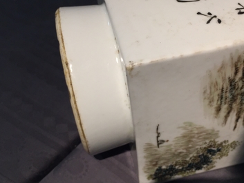 A Chinese square qianjiang cai vase with landscape designs, 20th C.