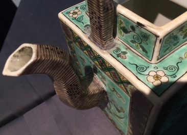 Two Chinese famille verte teapots and cover and an octagonal plate, Kangxi and later