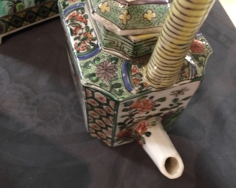 Two Chinese famille verte teapots and cover and an octagonal plate, Kangxi and later