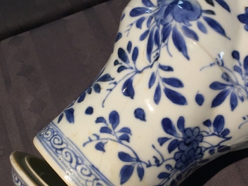 A twisted Chinese blue and white metal-mounted covered jug, Kangxi