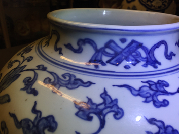 A Chinese blue and white peony scroll vase and cover, Ming, Wanli