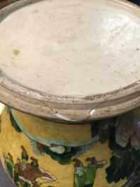 A Chinese famille verte on yellow ground baluster jar and cover, 19th C.