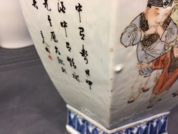 Een Chinese hexagonale vaas met qianjiang cai decor, 19/20e eeuw
