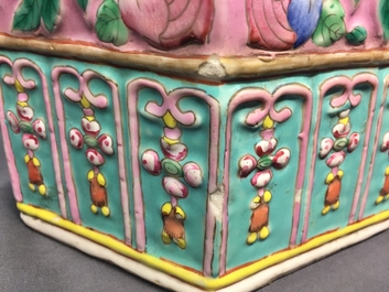 A tall relief-decorated Straits Chinese or Peranakan famille rose umbrella stand with phoenixes, 19th C.