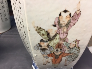Een Chinese hexagonale vaas met qianjiang cai decor, 19/20e eeuw