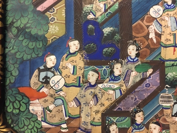 Un &eacute;ventail octogonal en papier, ivoir et bois laqu&eacute;, Chine, Canton, 19&egrave;me