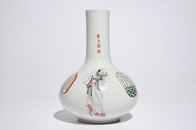 A Chinese famille rose Wu Shuang Pu bottle vase, Qianlong mark, 19/20th C.