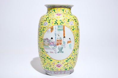 A Chinese yellow-ground famille rose vase, Qianlong mark, 19/20th C.