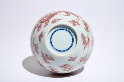 A Chinese underglaze red bottle-shaped dragon vase, 19/20th C.