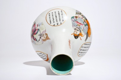 A Chinese famille rose Wu Shuang Pu bottle vase, Qianlong mark, 19/20th C.