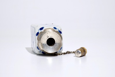 A square Chinese blue and white silver-mounted flask, Kangxi
