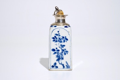 A square Chinese blue and white silver-mounted flask, Kangxi