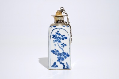 A square Chinese blue and white silver-mounted flask, Kangxi