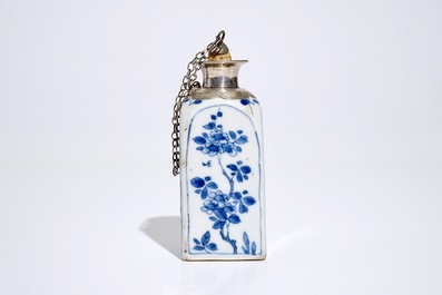 A square Chinese blue and white silver-mounted flask, Kangxi