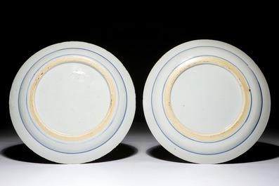 Two Chinese blue and white plates after Dutch Delft examples, Kangxi