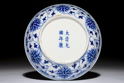 A small Chinese blue and white lotus scroll dish, Guangxu mark and of the period