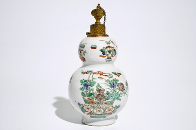 A Chinese famille verte gilt bronze-mounted double gourd vase, Kangxi