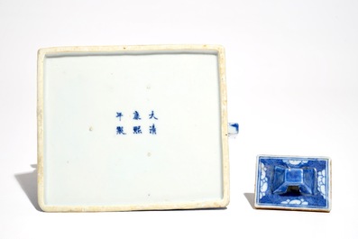 A Chinese blue and white "prunus and ice" teapot and cover, Kangxi mark, 19th C.