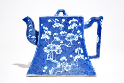 A Chinese blue and white "prunus and ice" teapot and cover, Kangxi mark, 19th C.