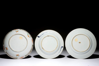 Three Chinese famille rose, verte and doucai plates, Kangxi/Yongzheng