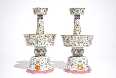 A pair of Chinese famille rose candlesticks, Jaiqing mark, 19/20th C.