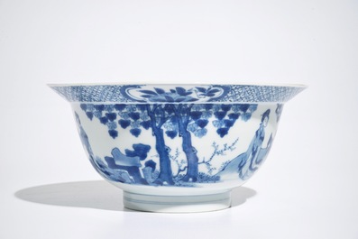 A Chinese blue and white klapmuts bowl with figural design, Xuande mark, Kangxi