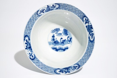 A Chinese blue and white klapmuts bowl with figural design, Xuande mark, Kangxi