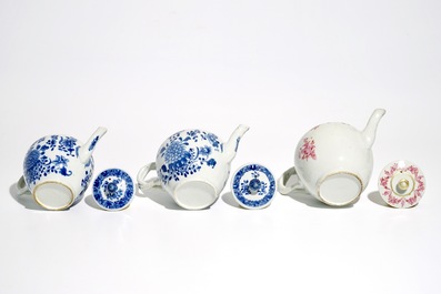 Three Chinese blue and white and famille rose teapots and covers, Qianlong