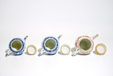 Three Chinese blue and white and famille rose teapots and covers, Qianlong