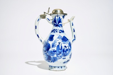 A Chinese blue and white silver-mounted jug, Transitional period