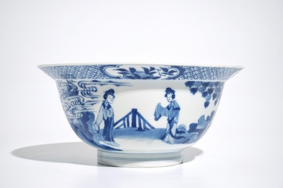 A Chinese blue and white klapmuts bowl with figural design, Xuande mark, Kangxi