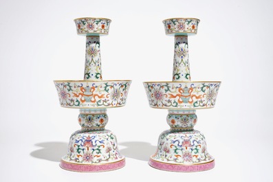 A pair of Chinese famille rose candlesticks, Jaiqing mark, 19/20th C.