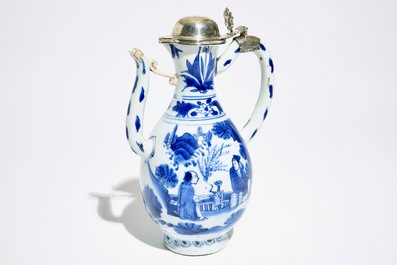 A Chinese blue and white silver-mounted jug, Transitional period