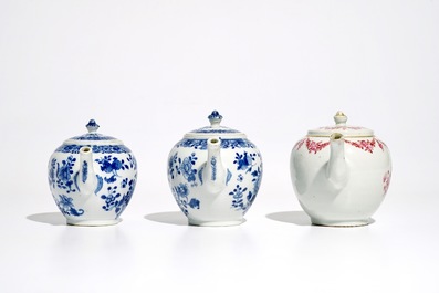 Three Chinese blue and white and famille rose teapots and covers, Qianlong