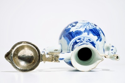 A Chinese blue and white silver-mounted jug, Transitional period