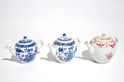 Three Chinese blue and white and famille rose teapots and covers, Qianlong