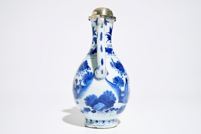 A Chinese blue and white silver-mounted jug, Transitional period