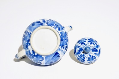 A Chinese blue and white teapot with figurative and floral panels, Kangxi