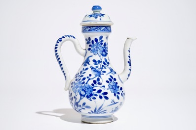 A Chinese blue and white covered jug with birds among flowers, Kangxi