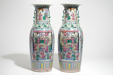 A pair of tall Chinese famille rose vases with court scenes, 19th C.