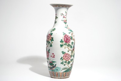 A tall Chinese famille rose vase with pheasants and peacocks, 19th C.