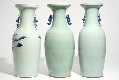 Drie grote Chinese vazen met blauwwit decor op celadon fondkleur, 19e eeuw