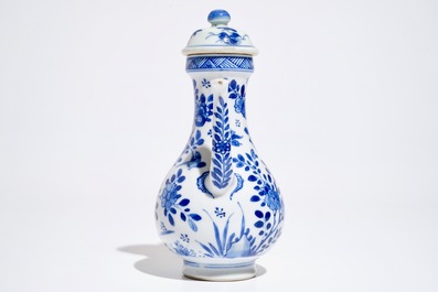 A Chinese blue and white covered jug with birds among flowers, Kangxi