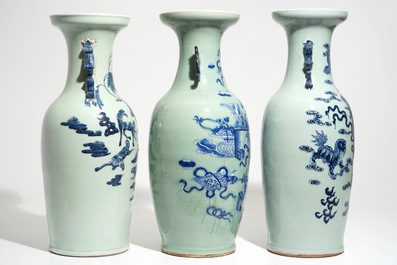Drie grote Chinese vazen met blauwwit decor op celadon fondkleur, 19e eeuw