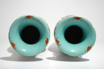 A pair of tall Chinese famille rose vases with court scenes, 19th C.