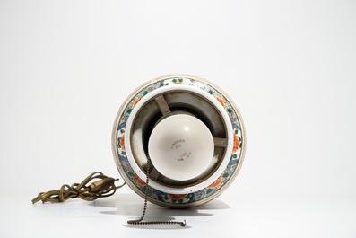 A bronze-mounted Chinese famille verte rouleau vase, transformed into a lamp, 19/20th C.